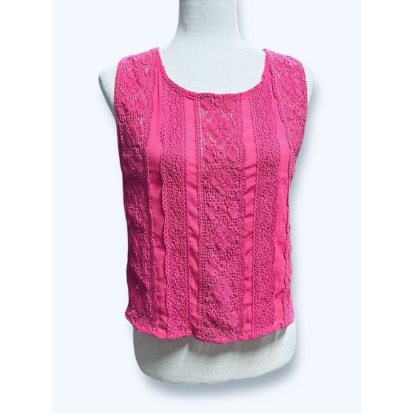 Abercrombie & Fitch Sleeveless Crop Blouse Hot Pink Chiffon Lace Sz Small - Picture 1 of 7